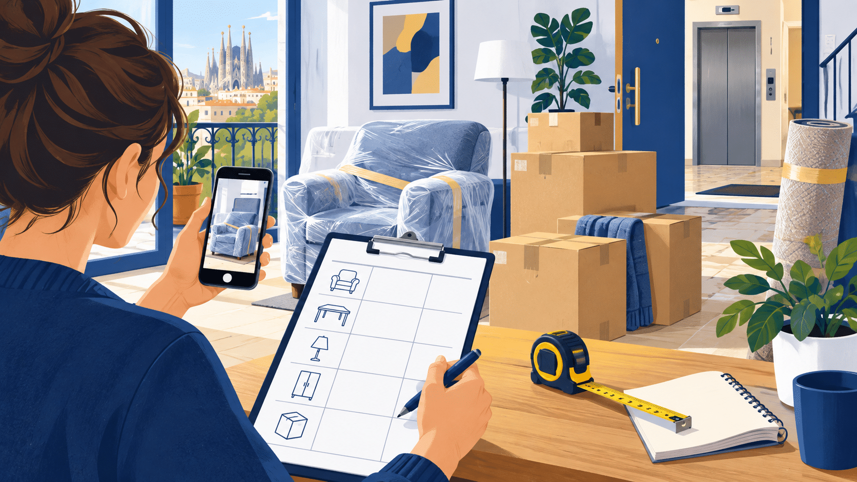 Ilustración de inventario, fotografías y accesos para solicitar un presupuesto de mudanza en Barcelona